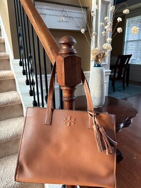 Tory Burch Chestnut Brown Pebbled Leather Tote with Tassel